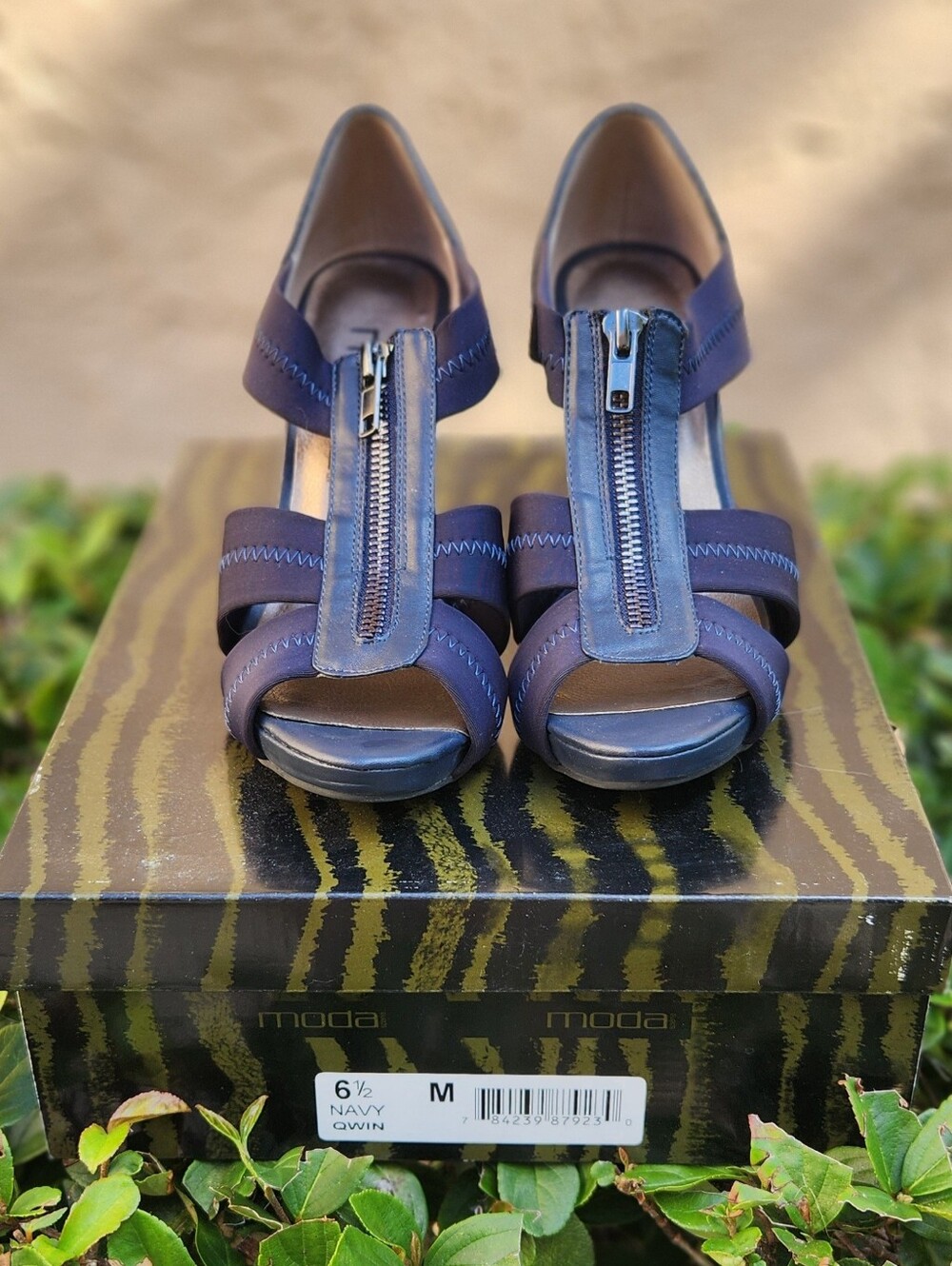 Navy Leather Front Zip Heeled Sandals